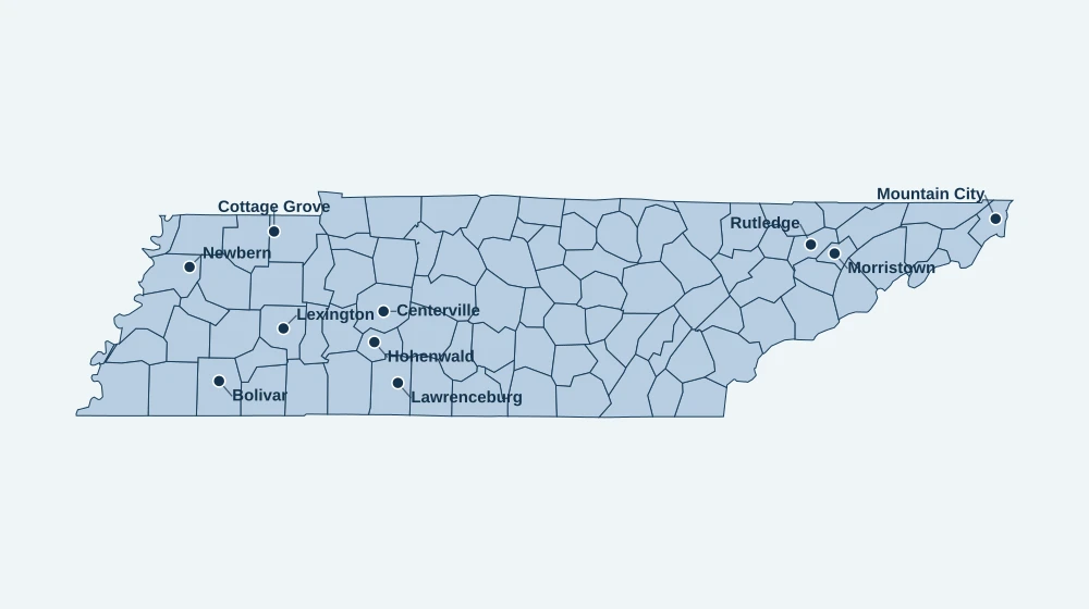 Tennessee land service area map with county boundaries and city labels